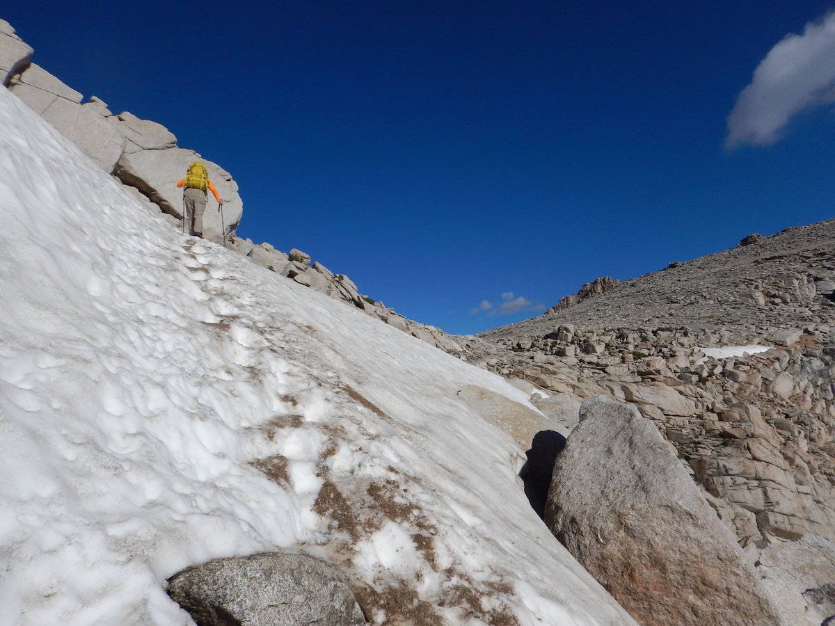Herman crossing the snow field. The section in the middle was pretty scary - all you could see was air!