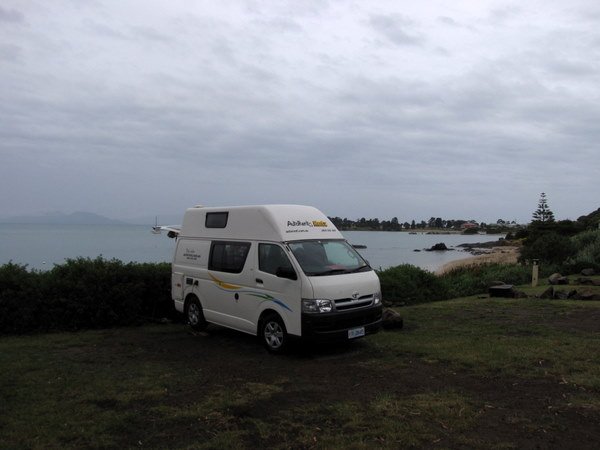 Our awesome little camping spot in Swansea with a nice beach view
